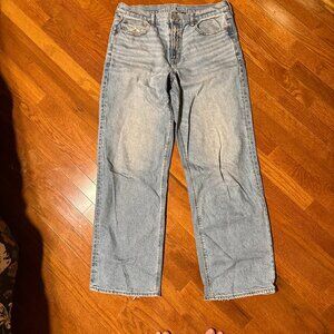 American Eagle High Waisted Wide Leg Jeans 12 XLong Light Wash Rigid Denim